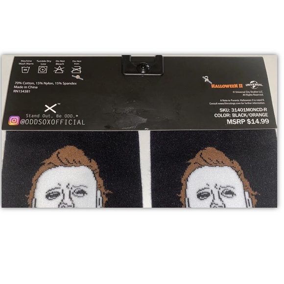 Halloween II Crew Socks 1 Pair Men’s 6-13 Black Orange Michael Myers White Mask - Picture 2 of 6